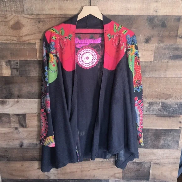 Desigual Devorah Open Front Wool Blend Cardigan Floral Artsy Boho Sz Lg Women - Picture 17 of 17